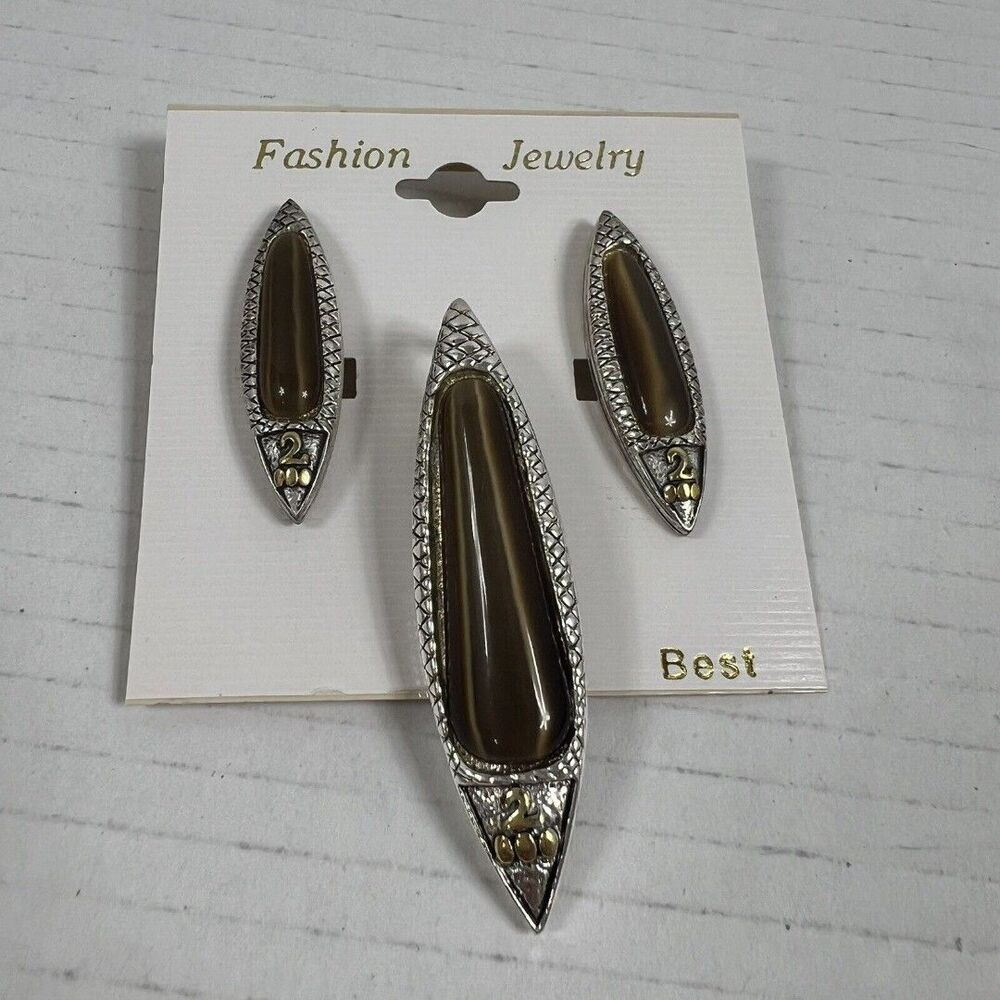 Vintage BEST Pierced Earrings & Pendant Cat Eye Oval Canoe Shape Silver Tone